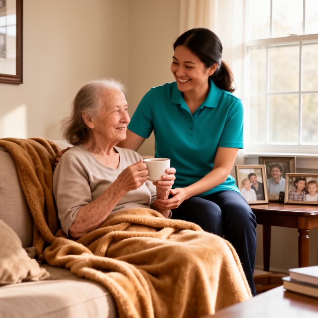 Caregiver in a teal polo helping an older woman with thinning hair settle on a sofa with a warm throw blanket in a sunlit living room