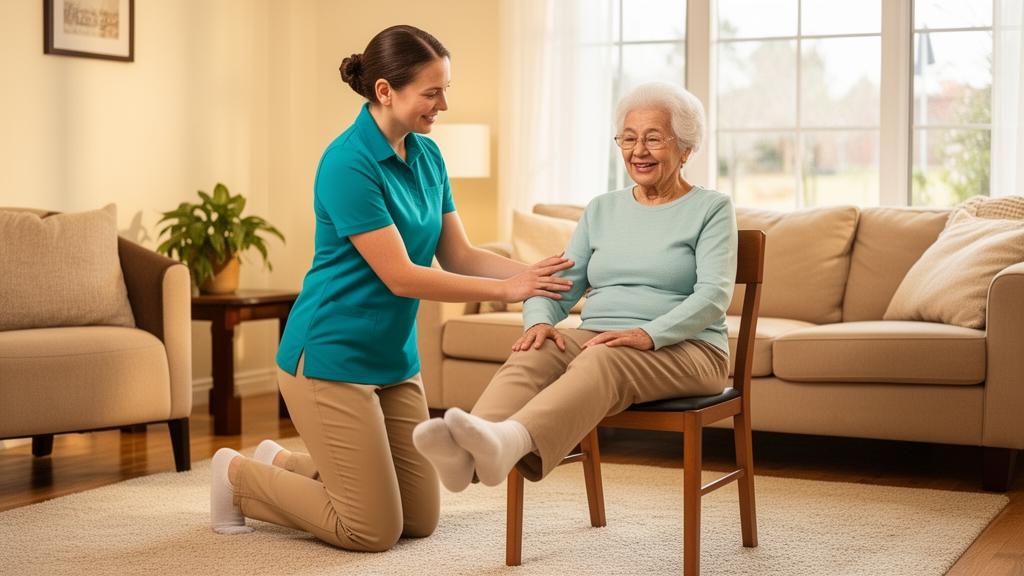 Caregiver helping a senior woman with gentle leg extension exercises in a bright living room