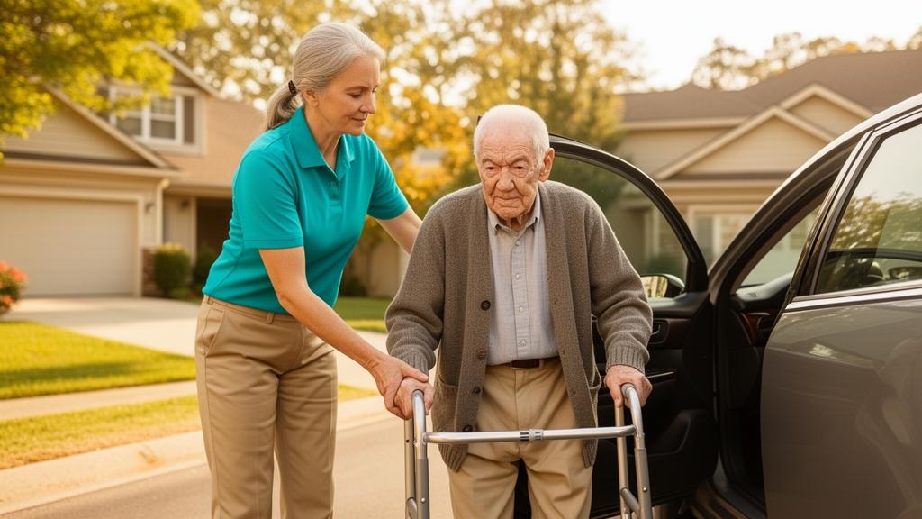 Caregiver assisting an elderly man with a walker getting out of a car in a suburban driveway
