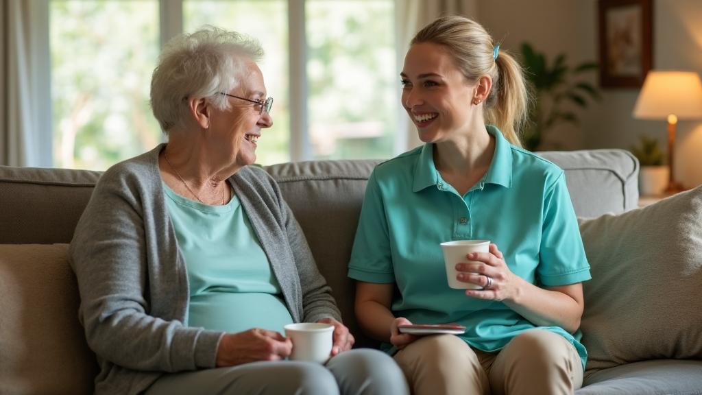 Compassionate caregiver sharing tea with an elderly woman on a living room couch