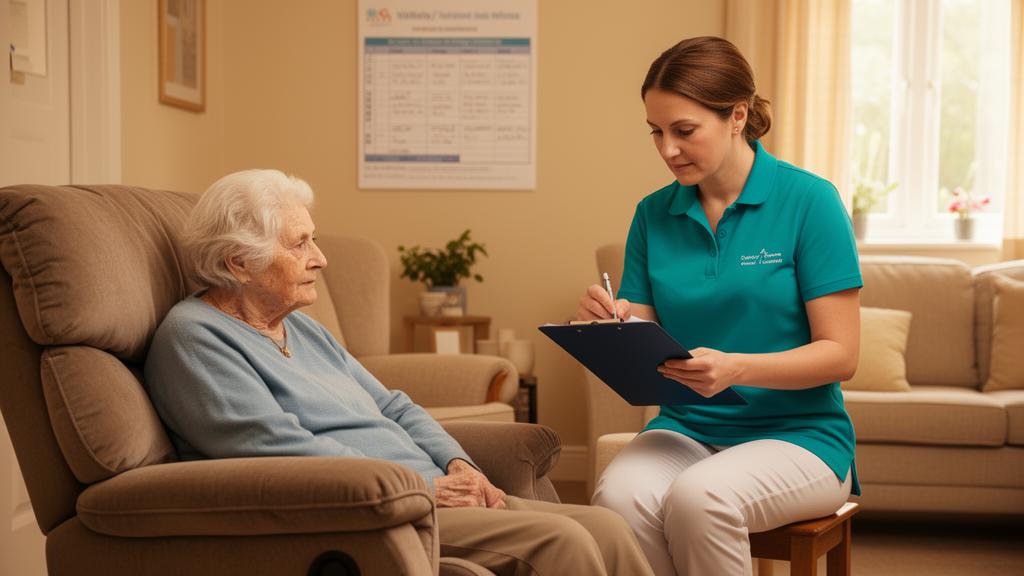 Caregiver documenting daily care notes on a clipboard while an elderly woman rests comfortably in a living room