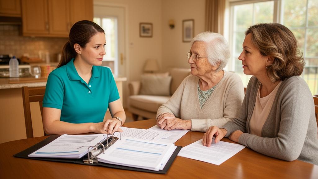 Caregiver in teal polo reviewing care documents with an elderly woman and her adult daughter at a kitchen table