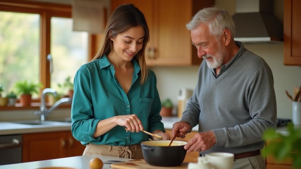 Caregiver helping an elderly man prepare a meal together in a bright kitchen