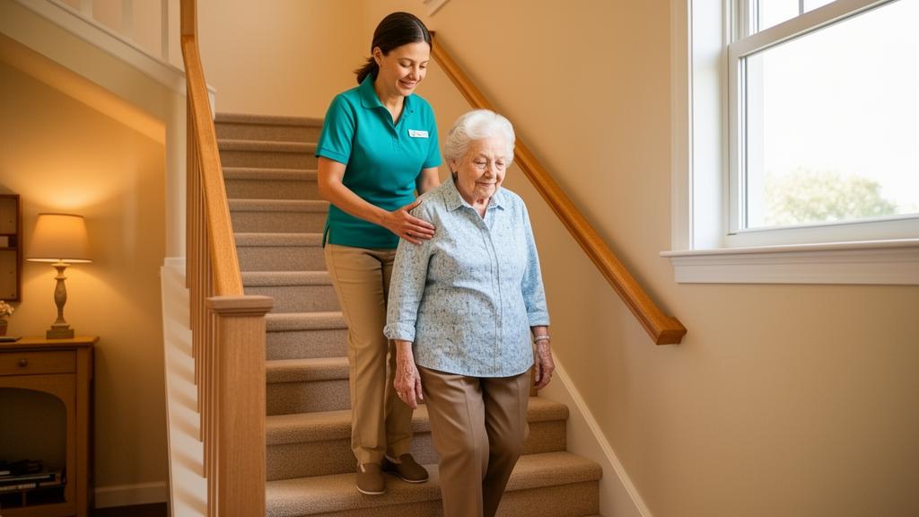Caregiver in teal polo helping an elderly woman safely walk down carpeted stairs at home
