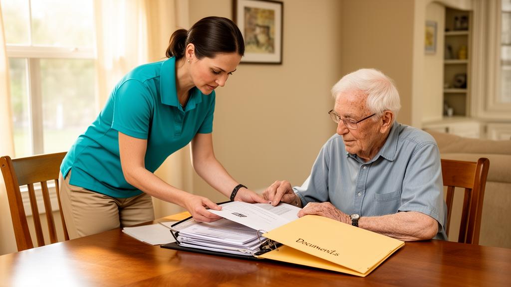 Caregiver helping an elderly man organize legal documents and a binder at a dining table in a bright home