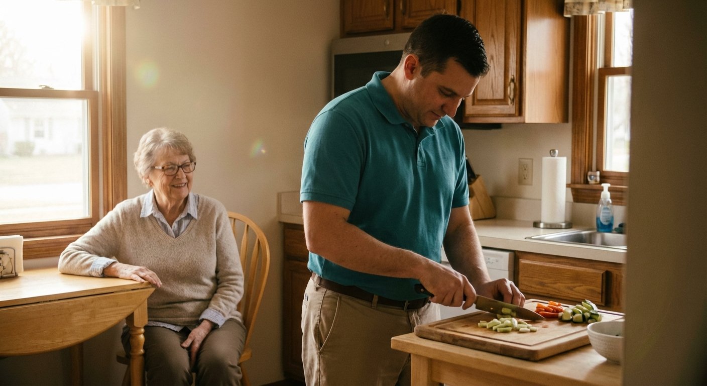 Caregiver preparing a healthy meal in a kitchen while a senior man sits at the table