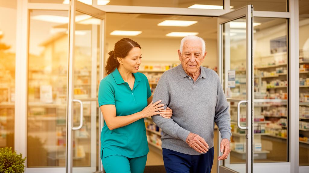 Caregiver accompanying a senior through a pharmacy entrance