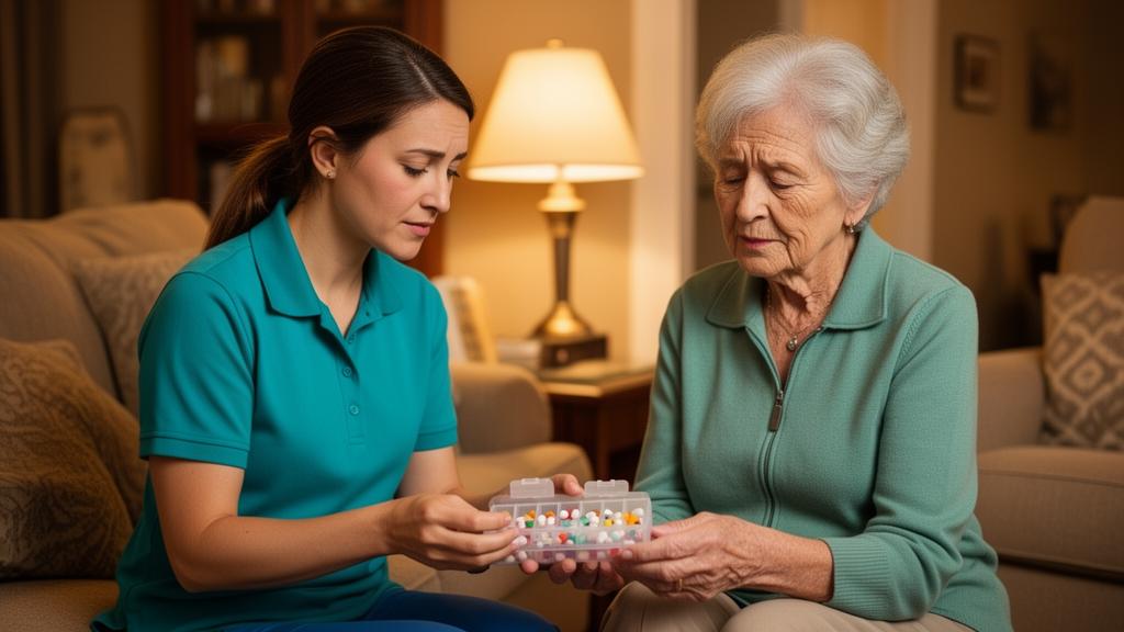 Caregiver helping a senior woman review a weekly pill organizer in a living room