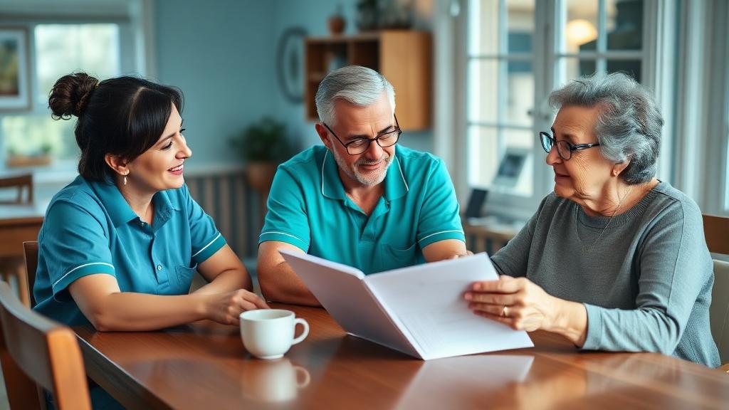 Adult daughter and caregiver sitting with an elderly woman, reviewing care options together at a dining table