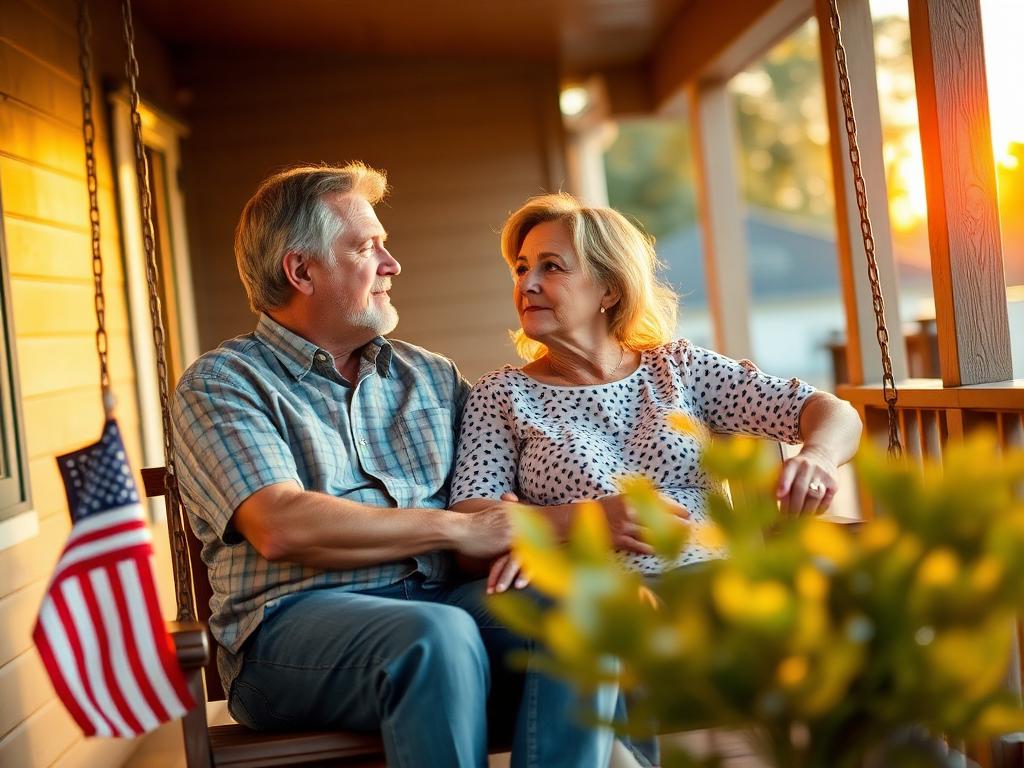 Two adult siblings sitting on a porch swing having a serious conversation at golden hour after a 4th of July family gathering