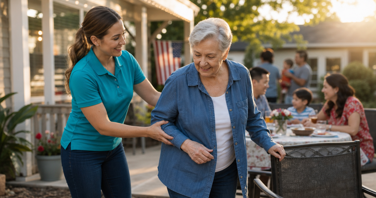 Caregiver in a teal polo helping an older adult to a shaded patio chair at a small backyard 4th of July family gathering in Southeast Michigan