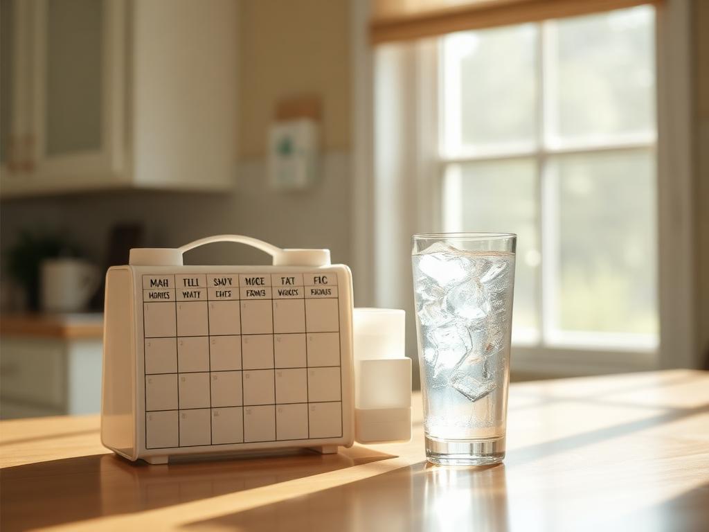 A glass of ice water and a weekly medication organizer on a sunlit kitchen counter — visual reminder to review heat-sensitive medications during summer