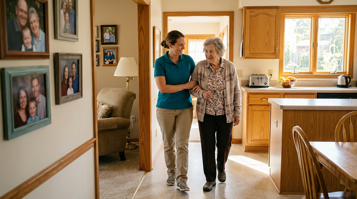 Professional caregiver in a teal polo gently helping an elderly mother walk safely from her living room into the kitchen of her Southeast Michigan home