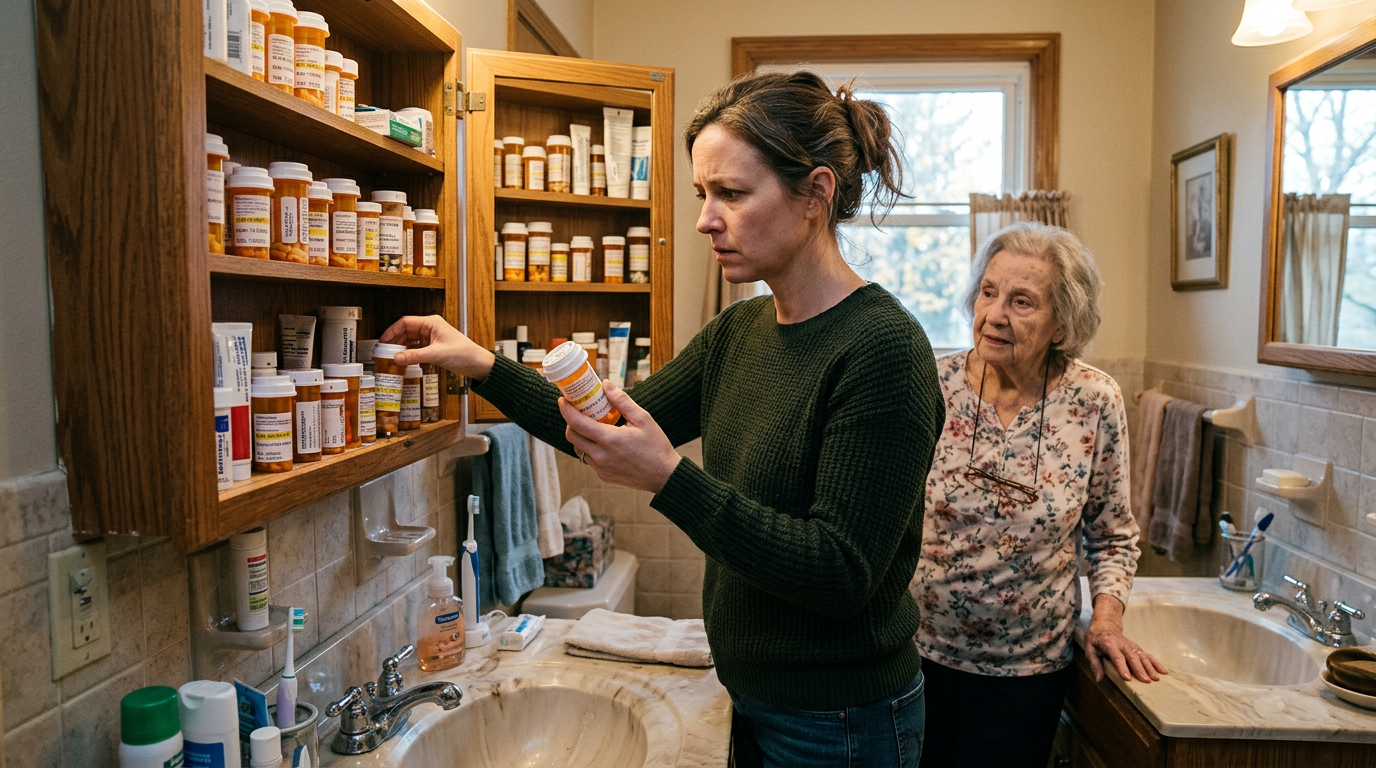 Adult daughter inspecting her elderly mother's medicine cabinet during a Mother's Day 2026 visit, sorting through prescription bottles together