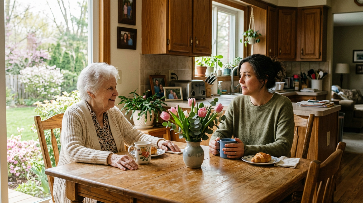 Adult daughter and her elderly mother sharing coffee and tulips at a sunlit kitchen table on Mother's Day 2026 in a Southeast Michigan home