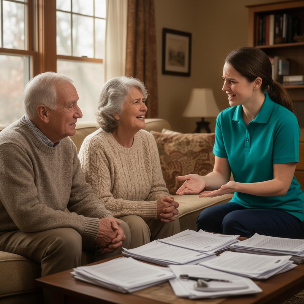 Senior couple and adult daughter looking relieved as caregiver in teal polo explains long-term care insurance benefits in a cozy Michigan living room
